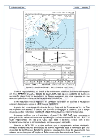 RF A-134/CENIPA/2014 PR-AFA 13AGO2014
25 de 170
Figura 10 - Descida IFR ECHO 1 RWY 35 NDB de 23SET2010.
Como é regulamentado no Brasil, e de acordo com o Manual Brasileiro de Inspeção
em Voo (MANINV-BRASIL), datado de 30JUL2014, logo após o acidente os auxílios à
navegação disponíveis no Aeródromo de Santos passaram por uma inspeção em voo
realizada pelo Grupo Especial de Inspeção em Voo (GEIV).
Como resultado dessa inspeção, foi verificado que todos os auxílios à navegação
estavam disponíveis, exceto o NDB-Vicente (NDB RR).
A partir daí, uma equipe técnica do Serviço Regional de Proteção ao Voo de São
Paulo (SRPV-SP) realizou a vistoria dos auxílios à navegação e observou que o abrigo
dos dois auxílios vistoriados (NDB SAT e NDB RR) estavam devidamente lacrados.
A equipe verificou que o transmissor número 2 do NDB SAT, que representa o
principal auxílio balizador da carta de aproximação por instrumentos IFR ECHO 1 RWY 35
NDB, inspecionado em voo pelo GEIV logo após o acidente, estava com o seu
funcionamento normal e, como resultado, permaneceu em operação.
Quanto ao NDB RR, a equipe verificou que o equipamento estava desligado,
condição evidenciada pela sinalização de alarme, registrada após a comutação por falta
de código de identificação. Tal alarme podia ser visualizado no local do equipamento mas
não era transmitido para a Estação de Telecomunicação Aeronáutica de Santos.
 