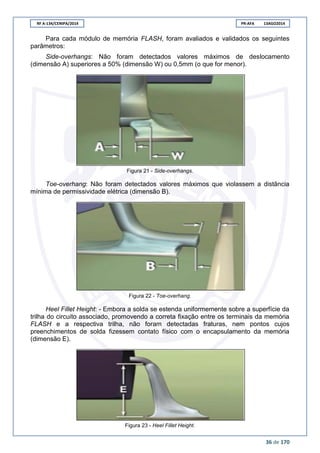 RF A-134/CENIPA/2014 PR-AFA 13AGO2014
36 de 170
Para cada módulo de memória FLASH, foram avaliados e validados os seguintes
parâmetros:
Side-overhangs: Não foram detectados valores máximos de deslocamento
(dimensão A) superiores a 50% (dimensão W) ou 0,5mm (o que for menor).
Figura 21 - Side-overhangs.
Toe-overhang: Não foram detectados valores máximos que violassem a distância
mínima de permissividade elétrica (dimensão B).
Figura 22 - Toe-overhang.
Heel Fillet Height: - Embora a solda se estenda uniformemente sobre a superfície da
trilha do circuito associado, promovendo a correta fixação entre os terminais da memória
FLASH e a respectiva trilha, não foram detectadas fraturas, nem pontos cujos
preenchimentos de solda fizessem contato físico com o encapsulamento da memória
(dimensão E).
Figura 23 - Heel Fillet Height.
 