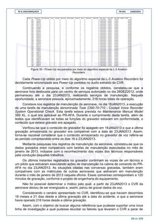 RF A-134/CENIPA/2014 PR-AFA 13AGO2014
43 de 170
Figura 35 - Power-Up recuperados por meio do algoritmo especial da L-3 Aviation
Recorders.
Cada Power-Up obtido por meio do algoritmo especial da L-3 Aviation Recorders foi
devidamente sincronizado aos Power-Up contidos no áudio extraído do CVR.
Continuando a pesquisa, e conforme os registros obtidos, constatou-se que a
aeronave fora deslocada para um centro de serviços autorizado no dia 26DEZ2012, onde
permaneceu até o dia 23JAN2013, realizando serviços de manutenção. Naquela
oportunidade, a aeronave possuía, aproximadamente, 218 horas totais de operação.
Constava nos registros de manutenção da aeronave, no dia 18JAN2013, a execução
de uma tarefa de manutenção denominada Task 2390-70-710 - Cockpit Voice Recorder
System Operational Check. Esta tarefa estava prevista no Maintenance Manual Model
560 XL, o qual era aplicável ao PR-AFA. Durante o cumprimento desta tarefa, além de
testes que identificavam se todas as funções do gravador estavam em conformidade, o
conteúdo que estava gravado era apagado.
Verificou-se que o conteúdo do gravador foi apagado em 18JAN2013 e que a última
gravação armazenada no gravador era compatível com a data de 23JAN2013. Assim,
torna-se razoável considerar que o conteúdo armazenado no gravador de voz referia-se
ao período compreendido entre os dias 18 e 23JAN2013.
Mediante pesquisas nos registros de manutenção da aeronave, constatou-se que os
dados gravados eram compatíveis com tarefas de manutenção executadas no mês de
janeiro de 2013, inclusive com o reconhecimento das vozes dos técnicos responsáveis
pela condução daqueles trabalhos.
Os últimos instantes registrados no gravador continham as vozes de um técnico e
um piloto que estiveram executando ações de manutenção na cabine de comando do PR-
AFA no dia 23JAN2013. As situações citadas nas conversas gravadas, também eram
compatíveis com as matrículas de outras aeronaves que estiveram em manutenção
durante o mês de janeiro de 2013 naquela oficina. Essas conversas correspondiam a 120
minutos de gravação, conforme o projeto de engenharia do equipamento.
Não foi possível determinar o motivo pelo qual, a partir de 23JAN2013 o CVR da
aeronave deixou de ser energizado e, assim, parou de gravar dados de voz.
Considerando o cenário apresentado no CVR, identificou-se que haviam decorridos
18 meses e 21 dias desde a última gravação até a data do acidente, e que a aeronave
havia operado 216 horas desde a última gravação.
Assim, com o objetivo de buscar alguma referência que pudesse suportar uma nova
linha de investigação a qual pudesse elucidar os fatores que levaram o CVR a parar de
 