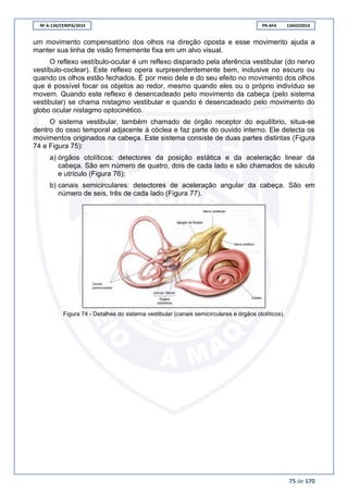 RF A-134/CENIPA/2014 PR-AFA 13AGO2014
75 de 170
um movimento compensatório dos olhos na direção oposta e esse movimento ajuda a
manter sua linha de visão firmemente fixa em um alvo visual.
O reflexo vestíbulo-ocular é um reflexo disparado pela aferência vestibular (do nervo
vestíbulo-coclear). Este reflexo opera surpreendentemente bem, inclusive no escuro ou
quando os olhos estão fechados. É por meio dele e do seu efeito no movimento dos olhos
que é possível focar os objetos ao redor, mesmo quando eles ou o próprio indivíduo se
movem. Quando este reflexo é desencadeado pelo movimento da cabeça (pelo sistema
vestibular) se chama nistagmo vestibular e quando é desencadeado pelo movimento do
globo ocular nistagmo optocinético.
O sistema vestibular, também chamado de órgão receptor do equilíbrio, situa-se
dentro do osso temporal adjacente à cóclea e faz parte do ouvido interno. Ele detecta os
movimentos originados na cabeça. Este sistema consiste de duas partes distintas (Figura
74 e Figura 75):
a) órgãos otolíticos: detectores da posição estática e da aceleração linear da
cabeça. São em número de quatro, dois de cada lado e são chamados de sáculo
e utrículo (Figura 76);
b) canais semicirculares: detectores de aceleração angular da cabeça. São em
número de seis, três de cada lado (Figura 77).
Figura 74 - Detalhes do sistema vestibular (canais semicirculares e órgãos otolíticos).
 
