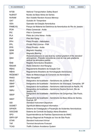 RF A-134/CENIPA/2014 PR-AFA 13AGO2014
8 de 170
NTSB National Transportation Safety Board
NuBAST Núcleo da Base Aérea de Santos
NVRAM Non-Volatile Random Access Memory
OAT Outside Air Tempertare
OEA Operador de Estação Aeronáutica
PAME-RJ Parque de Material de Eletrônica da Aeronáutica do Rio de Janeiro
PCM Piloto Comercial - Avião
PIC Pilot in Command
PLA Piloto de Linha Aérea - Avião
PNF Pilot Not Flying
PPH Piloto Privado - Helicóptero
PPL Private Pilot License - FAA
PPR Piloto Privado - Avião
QDM Magnetic Heading
QDR Magnetic Bearing
QNH
Reduced pressure on sea level by vertical gradient of the standard
atmosphere - Pressão reduzida ao nível do mar pelo gradiente
vertical da atmosfera padrão
RAB Registro Aeronáutico Brasileiro
RADAR Radio Detection And Ranging
RBAC Regulamento Brasileiro de Aviação Civil
RBHA Regulamento Brasileiro de Homologação Aeronáutica
REDEMET Rede de Meteorologia do Comando da Aeronáutica
RNAV Area Navigation
SBJD Designativo de localidade – Aeródromo de Jundiaí, SP
SBKP Designativo de localidade – Aeródromo de Viracopos, Campinas, SP
SBRF Designativo de localidade – Aeródromo Internacional do Recife, PE
SBRJ
Designativo de localidade – Aeródromo Santos Dumont, Rio de
Janeiro, RJ
SBSP
Designativo de localidade – Aeródromo de Congonhas, São Paulo,
SP
SBST
Designativo de localidade – Aeródromo da Base Aérea de Santos,
Guarujá, SP
SID Standard Instrument Departure
SIGMET Significant Meteorological Information
SIPAER Sistema de Investigação e Prevenção de Acidentes Aeronáuticos
SISCEAB Sistema de Controle do Espaço Aéreo Brasileiro
SPO Superintendência de Padrões Operacionais da ANAC
SRPV-SP Serviço Regional de Proteção ao Voo de São Paulo
STAR Standard Instrument Arrival
TAF Terminal Aerodrome Forecast
TCAS Traffic Collision Avoidance System
 