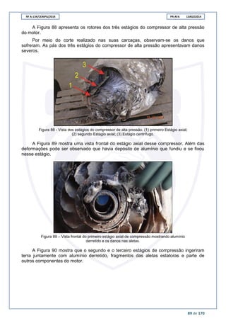 RF A-134/CENIPA/2014 PR-AFA 13AGO2014
89 de 170
A Figura 88 apresenta os rotores dos três estágios do compressor de alta pressão
do motor.
Por meio do corte realizado nas suas carcaças, observam-se os danos que
sofreram. As pás dos três estágios do compressor de alta pressão apresentavam danos
severos.
Figura 88 - Vista dos estágios do compressor de alta pressão. (1) primeiro Estágio axial;
(2) segundo Estágio axial; (3) Estágio centrífugo.
A Figura 89 mostra uma vista frontal do estágio axial desse compressor. Além das
deformações pode ser observado que havia depósito de alumínio que fundiu e se fixou
nesse estágio.
Figura 89 – Vista frontal do primeiro estágio axial de compressão mostrando alumínio
derretido e os danos nas aletas.
A Figura 90 mostra que o segundo e o terceiro estágios de compressão ingeriram
terra juntamente com alumínio derretido, fragmentos das aletas estatoras e parte de
outros componentes do motor.
 