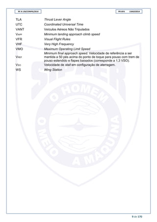 RF A-134/CENIPA/2014 PR-AFA 13AGO2014
9 de 170
TLA Thrust Lever Angle
UTC Coordinated Universal Time
VANT Veículos Aéreos Não Tripulados
VAPP Minimum landing approach climb speed
VFR Visual Flight Rules
VHF Very High Frequency
VMO Maximum Operating Limit Speed
VREF
Minimum final approach speed. Velocidade de referência a ser
mantida a 50 pés acima do ponto de toque para pouso com trem de
pouso estendido e flapes baixados (corresponde a 1,3 VSO).
VSO Velocidade de stall em configuração de aterragem.
WS Wing Station
 