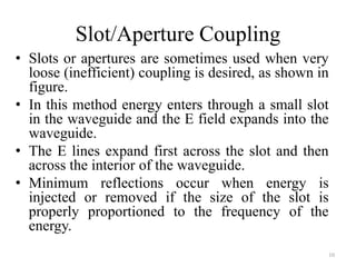 Slot/Aperture Coupling
• Slots or apertures are sometimes used when very
loose (inefficient) coupling is desired, as shown in
figure.
• In this method energy enters through a small slot
in the waveguide and the E field expands into the
waveguide.
• The E lines expand first across the slot and then
across the interior of the waveguide.
• Minimum reflections occur when energy is
injected or removed if the size of the slot is
properly proportioned to the frequency of the
energy.
10
 