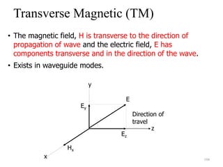 • The magnetic field, H is transverse to the direction of
propagation of wave and the electric field, E has
components transverse and in the direction of the wave.
• Exists in waveguide modes.
Transverse Magnetic (TM)
y
Ey
Hx
z
Ez
E
x
Direction of
travel
104
 