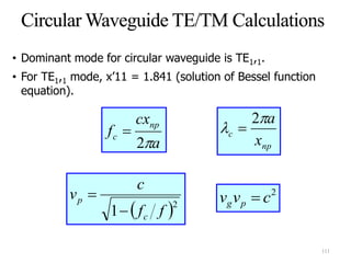 • Dominant mode for circular waveguide is TE1,1.
• For TE1,1 mode, x’11 = 1.841 (solution of Bessel function
equation).
a
cx
f
np
c
2

np
c
x
a

2

 2
1 ff
c
v
c
p

 2
cvv pg 
111
 
