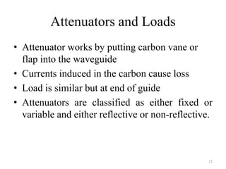 Attenuators and Loads
• Attenuator works by putting carbon vane or
flap into the waveguide
• Currents induced in the carbon cause loss
• Load is similar but at end of guide
• Attenuators are classified as either fixed or
variable and either reflective or non-reflective.
23
 