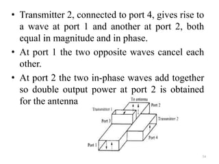 • Transmitter 2, connected to port 4, gives rise to
a wave at port 1 and another at port 2, both
equal in magnitude and in phase.
• At port 1 the two opposite waves cancel each
other.
• At port 2 the two in-phase waves add together
so double output power at port 2 is obtained
for the antenna
34
 