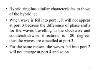 • Hybrid ring has similar characteristics to those
of the hybrid tee.
• When wave is fed into port 1, it will not appear
at port 3 because the difference of phase shifts
for the waves travelling in the clockwise and
counterclockwise directions is 180 degrees
thus the waves are cancelled at port 3.
• For the same reason, the waves fed into port 2
will not emerge at port 4 and so on.
36
 