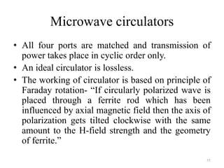 Microwave circulators
• All four ports are matched and transmission of
power takes place in cyclic order only.
• An ideal circulator is lossless.
• The working of circulator is based on principle of
Faraday rotation- “If circularly polarized wave is
placed through a ferrite rod which has been
influenced by axial magnetic field then the axis of
polarization gets tilted clockwise with the same
amount to the H-field strength and the geometry
of ferrite.”
55
 