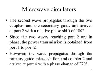 Microwave circulators
• The second wave propagates through the two
couplers and the secondary guide and arrives
at port 2 with a relative phase shift of 180°.
• Since the two waves reaching port 2 are in
phase, the power transmission is obtained from
port 1 to port 2.
• However, the wave propagates through the
primary guide, phase shifter, and coupler 2 and
arrives at port 4 with a phase change of 270°.
58
 