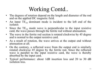 Working Contd..
• The degrees of rotation depend on the length and diameter of the rod
and on the applied DC magnetic field.
• An input TE10 dominant mode is incident to the left end of the
isolator.
• Since the TE10 mode wave is perpendicular to the input resistive
card, the wave passes through the ferrite rod without attenuation.
• The wave in the ferrite rod section is rotated clockwise by 45 degree
and is normal to the output resistive card.
• As a result of rotation, the wave arrives at the output end without
attenuation at all.
• On the contrary, a reflected wave from the output end is similarly
rotated clockwise 45 degree by the ferrite rod. Since the reflected
wave is parallel to the input resistive card, the wave is thereby
absorbed by the input card.
• Typical performance: about 1dB insertion loss and 20 to 30 dB
isolation loss.
64
 