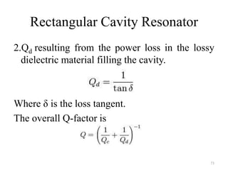 Rectangular Cavity Resonator
2.Qd resulting from the power loss in the lossy
dielectric material filling the cavity.
Where δ is the loss tangent.
The overall Q-factor is
73
 