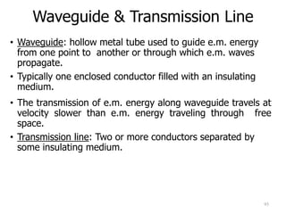 • Waveguide: hollow metal tube used to guide e.m. energy
from one point to another or through which e.m. waves
propagate.
• Typically one enclosed conductor filled with an insulating
medium.
• The transmission of e.m. energy along waveguide travels at
velocity slower than e.m. energy traveling through free
space.
• Transmission line: Two or more conductors separated by
some insulating medium.
Waveguide & Transmission Line
95
 
