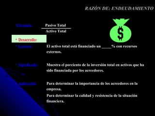RAZÓN DE: ENDEUDAMIENTO


•Fórmula:        Pasivo Total
                 Activo Total

• Desarrollo:
• Lectura:       El activo total está financiado un _____% con recursos
                 externos.


• Significado:   Muestra el porciento de la inversión total en activos que ha
                 sido financiada por los acreedores.


• Aplicación:    Para determinar la importancia de los acreedores en la
                 empresa.
                 Para determinar la calidad y resistencia de la situación
                 financiera.
 