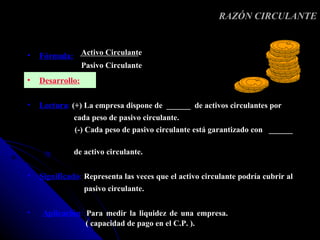 RAZÓN CIRCULANTE


•   Fórmula: Activo Circulante
                  Pasivo Circulante
•   Desarrollo:

•   Lectura: (+) La empresa dispone de ______ de activos circulantes por
              cada peso de pasivo circulante.
              (-) Cada peso de pasivo circulante está garantizado con ______

              de activo circulante.


•   Significado: Representa las veces que el activo circulante podría cubrir al
                  pasivo circulante.

•   Aplicación: Para medir la liquidez de una empresa.
                   ( capacidad de pago en el C.P. ).
 