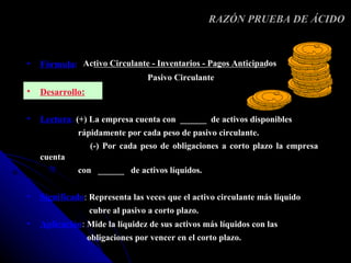 RAZÓN PRUEBA DE ÁCIDO



•   Fórmula: Activo Circulante - Inventarios - Pagos Anticipados
                                  Pasivo Circulante
•   Desarrollo:

•   Lectura: (+) La empresa cuenta con ______ de activos disponibles
              rápidamente por cada peso de pasivo circulante.
                  (-) Por cada peso de obligaciones a corto plazo la empresa
    cuenta
              con ______ de activos líquidos.


•   Significado: Representa las veces que el activo circulante más líquido
                  cubre al pasivo a corto plazo.
•   Aplicación: Mide la liquidez de sus activos más líquidos con las
                  obligaciones por vencer en el corto plazo.
 