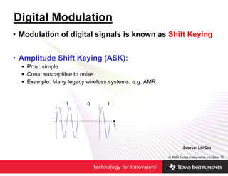 Digital Modulation
• Modulation of digital signals is known as Shift Keying


• Amplitude Shift Keying (ASK):
   Pros: simple
   Cons: susceptible to noise
   Example: Many legacy wireless systems, e.g. AMR


                 1      0       1



                                    t




                                                              Source: Lili Qiu

                                                     © 2006 Texas Instruments Inc, Slide 15
 