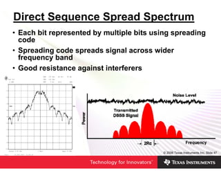 Direct Sequence Spread Spectrum
               • Each bit represented by multiple bits using spreading
                 code
               • Spreading code spreads signal across wider
                 frequency band
               • Good resistance against interferers
                                                  RBW   100 kHz   RF Att      30 dB
       Ref Lvl                                    VBW   100 kHz
        0 dBm                                     SWT    5 ms     Unit           dBm
   0

                                                                                       A

 -10



 -20



 -30
        1AVG                                                                           1SA

 -40



 -50



 -60



 -70



 -80



 -90



-100
       Center 2.45 GHz                   1 MHz/                          Span 10 MHz

Date:           23.OCT.2003   21:34:19
                                                                                             © 2006 Texas Instruments Inc, Slide 47
 
