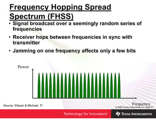 Frequency Hopping Spread
    Spectrum (FHSS)
    • Signal broadcast over a seemingly random series of
      frequencies
    • Receiver hops between frequencies in sync with
      transmitter
    • Jamming on one frequency affects only a few bits


          Power




Source: Eliezer & Michael, TI                                Frequency
                                             © 2006 Texas Instruments Inc, Slide 51
 