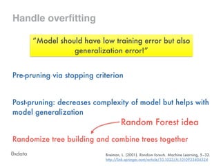 Handle overfitting
Pre-pruning via stopping criterion
!
Post-pruning: decreases complexity of model but helps with
model generalization
!
Randomize tree building and combine trees together
“Model should have low training error but also
generalization error!”
Random Forest idea
Breiman, L. (2001). Random forests. Machine Learning, 5–32.
http://link.springer.com/article/10.1023/A:1010933404324
 
