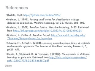 References
•0xdata, H2O: https://github.com/0xdata/h2o/
•Breiman, L. (1999). Pasting small votes for classification in large
databases and on-line. Machine Learning, Vol 36. Kluwer, p85–103.
•Breiman, L. (2001). Random forests. Machine Learning, 5–32. Retrieved
from http://link.springer.com/article/10.1023/A:1010933404324
•Breiman, L., Cutler, A. Random Forest. http://www.stat.berkeley.edu/
~breiman/RandomForests/cc_home.htm
•Chawla, N., & Hall, L. (2004). Learning ensembles from bites: A scalable
and accurate approach. The Journal of Machine Learning Research, 5,
p421–451.
•Hastie, T., Tibshirani, R., & Friedman, J. (2009). The elements of statistical
learning. cs.yale.edu. Retrieved from http://link.springer.com/content/
pdf/10.1007/978-0-387-84858-7.pdf
 
