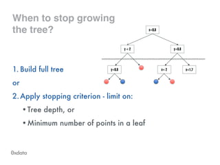 When to stop growing
the tree?
1. Build full tree
or
2.Apply stopping criterion - limit on:
•Tree depth, or
•Minimum number of points in a leaf
x<0.8
y<0.8
x< 2 x<1.7
y < 2
y<0.8
 