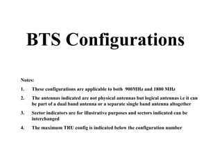 BTS Configurations
Notes:
1. These configurations are applicable to both 900MHz and 1800 MHz
2. The antennas indicated are not physical antennas but logical antennas i.e it can
be part of a dual band antenna or a separate single band antenna altogether
3. Sector indicators are for illustrative purposes and sectors indicated can be
interchanged
4. The maximum TRU config is indicated below the configuration number
 