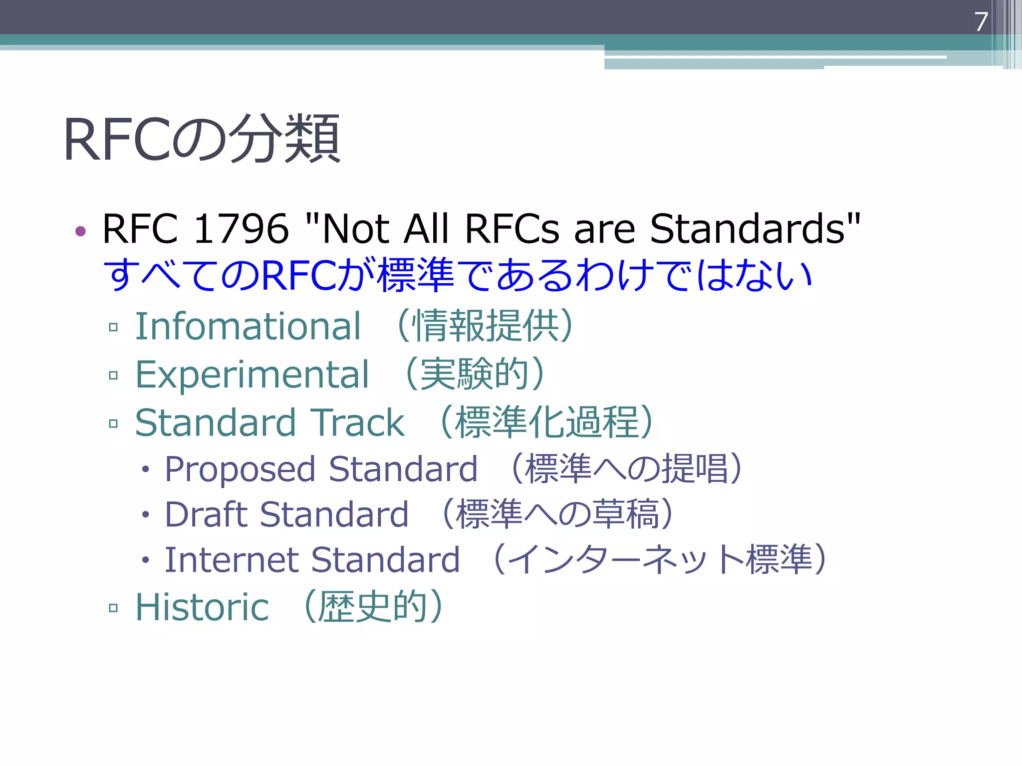 7




RFCの分類
•  RFC  1796  "Not  All  RFCs  are  Standards"
   すべてのRFCが標準であるわけではない
 ▫  Infomational  （情報提供）
 ▫  Experimental  （実験的）
 ▫  Standard  Track  （標準化過程）
   –  Proposed  Standard  （標準への提唱）
   –  Draft  Standard  （標準への草稿）
   –  Internet  Standard  （インターネット標準）
 ▫  Historic  （歴史的）
 