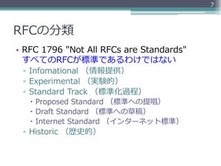 7




RFCの分類
•  RFC  1796  "Not  All  RFCs  are  Standards"
   すべてのRFCが標準であるわけではない
 ▫  Infomational  （情報提供）
 ▫  Experimental  （実験的）
 ▫  Standard  Track  （標準化過程）
   –  Proposed  Standard  （標準への提唱）
   –  Draft  Standard  （標準への草稿）
   –  Internet  Standard  （インターネット標準）
 ▫  Historic  （歴史的）
 