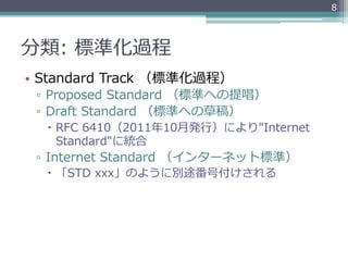 8




分類:  標準化過程
•  Standard  Track  （標準化過程）
 ▫  Proposed  Standard  （標準への提唱）
 ▫  Draft  Standard  （標準への草稿）
  –  RFC  6410（2011年年10⽉月発⾏行行）により"Internet  
      Standard"に統合
 ▫  Internet  Standard  （インターネット標準）
  –  「STD  xxx」のように別途番号付けされる
 