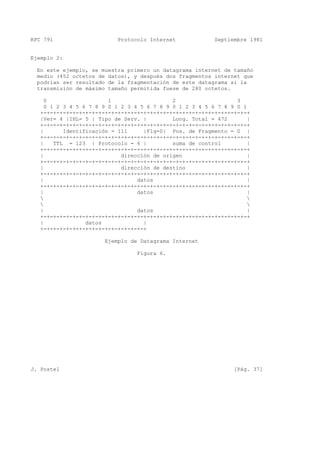 RFC 791 Protocolo Internet Septiembre 1981
Ejemplo 2:
En este ejemplo, se muestra primero un datagrama internet de tamaño
medio (452 octetos de datos), y después dos fragmentos internet que
podrían ser resultado de la fragmentación de este datagrama si la
transmisión de máximo tamaño permitida fuese de 280 octetos.
0 1 2 3
0 1 2 3 4 5 6 7 8 9 0 1 2 3 4 5 6 7 8 9 0 1 2 3 4 5 6 7 8 9 0 1
+-+-+-+-+-+-+-+-+-+-+-+-+-+-+-+-+-+-+-+-+-+-+-+-+-+-+-+-+-+-+-+-+
|Ver= 4 |IHL= 5 | Tipo de Serv. | Long. Total = 472 |
+-+-+-+-+-+-+-+-+-+-+-+-+-+-+-+-+-+-+-+-+-+-+-+-+-+-+-+-+-+-+-+-+
| Identificación = 111 |Flg=0| Pos. de Fragmento = 0 |
+-+-+-+-+-+-+-+-+-+-+-+-+-+-+-+-+-+-+-+-+-+-+-+-+-+-+-+-+-+-+-+-+
| TTL = 123 | Protocolo = 6 | suma de control |
+-+-+-+-+-+-+-+-+-+-+-+-+-+-+-+-+-+-+-+-+-+-+-+-+-+-+-+-+-+-+-+-+
| dirección de origen |
+-+-+-+-+-+-+-+-+-+-+-+-+-+-+-+-+-+-+-+-+-+-+-+-+-+-+-+-+-+-+-+-+
| dirección de destino |
+-+-+-+-+-+-+-+-+-+-+-+-+-+-+-+-+-+-+-+-+-+-+-+-+-+-+-+-+-+-+-+-+
| datos |
+-+-+-+-+-+-+-+-+-+-+-+-+-+-+-+-+-+-+-+-+-+-+-+-+-+-+-+-+-+-+-+-+
| datos |
 
 
| datos |
+-+-+-+-+-+-+-+-+-+-+-+-+-+-+-+-+-+-+-+-+-+-+-+-+-+-+-+-+-+-+-+-+
| datos |
+-+-+-+-+-+-+-+-+-+-+-+-+-+-+-+-+
Ejemplo de Datagrama Internet
Figura 6.
J. Postel [Pág. 37]
 