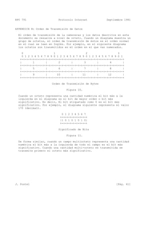 RFC 791 Protocolo Internet Septiembre 1981
APPENDICE B: Orden de Transmisión de Datos
El orden de transmisión de la cabeceras y los datos descritos en este
documento se resuelve a nivel de octeto. Cuando un diagrama muestra un
grupo de octetos, el orden de transmisión de éstos es el orden normal
en el cual se leen en Inglés. Por ejemplo, en el siguiente diagrama
los octetos son transmitidos en el orden en el que van numerados.
0 1 2 3
0 1 2 3 4 5 6 7 8 9 0 1 2 3 4 5 6 7 8 9 0 1 2 3 4 5 6 7 8 9 0 1
+-+-+-+-+-+-+-+-+-+-+-+-+-+-+-+-+-+-+-+-+-+-+-+-+-+-+-+-+-+-+-+-+
| 1 | 2 | 3 | 4 |
+-+-+-+-+-+-+-+-+-+-+-+-+-+-+-+-+-+-+-+-+-+-+-+-+-+-+-+-+-+-+-+-+
| 5 | 6 | 7 | 8 |
+-+-+-+-+-+-+-+-+-+-+-+-+-+-+-+-+-+-+-+-+-+-+-+-+-+-+-+-+-+-+-+-+
| 9 | 10 | 11 | 12 |
+-+-+-+-+-+-+-+-+-+-+-+-+-+-+-+-+-+-+-+-+-+-+-+-+-+-+-+-+-+-+-+-+
Orden de Transmisión de Bytes
Figura 10.
Cuando un octeto representa una cantidad numérica el bit más a la
izquierda en el diagrama es el bit de mayor orden o bit más
significativo. Es decir, El bit etiquetado como 0 es el bit más
significativo. Por ejemplo, el diagrama siguiente representa el valor
170 (decimal).
0 1 2 3 4 5 6 7
+-+-+-+-+-+-+-+-+
|1 0 1 0 1 0 1 0|
+-+-+-+-+-+-+-+-+
Significado de Bits
Figura 11.
De forma similar, cuando un campo multiocteto representa una cantidad
numérica el bit más a la izquierda de todo el campo es el bit más
significativo. Cuando una cantidad multi-octeto es transmitida se
transmite primero el octeto más significativo.
J. Postel [Pág. 41]
 