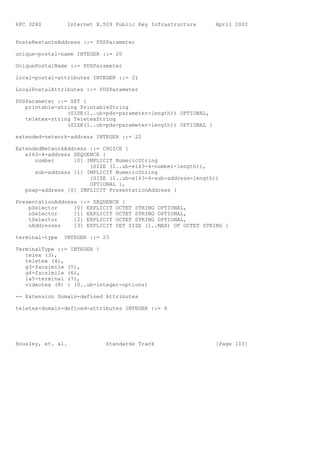 RFC 3280         Internet X.509 Public Key Infrastructure       April 2002


PosteRestanteAddress ::= PDSParameter

unique-postal-name INTEGER ::= 20

UniquePostalName ::= PDSParameter

local-postal-attributes INTEGER ::= 21

LocalPostalAttributes ::= PDSParameter

PDSParameter ::= SET {
   printable-string PrintableString
                (SIZE(1..ub-pds-parameter-length)) OPTIONAL,
   teletex-string TeletexString
                (SIZE(1..ub-pds-parameter-length)) OPTIONAL }

extended-network-address INTEGER ::= 22

ExtendedNetworkAddress ::= CHOICE {
   e163-4-address SEQUENCE {
      number      [0] IMPLICIT NumericString
                       (SIZE (1..ub-e163-4-number-length)),
      sub-address [1] IMPLICIT NumericString
                       (SIZE (1..ub-e163-4-sub-address-length))
                       OPTIONAL },
   psap-address [0] IMPLICIT PresentationAddress }

PresentationAddress ::= SEQUENCE {
    pSelector     [0] EXPLICIT OCTET STRING OPTIONAL,
    sSelector     [1] EXPLICIT OCTET STRING OPTIONAL,
    tSelector     [2] EXPLICIT OCTET STRING OPTIONAL,
    nAddresses    [3] EXPLICIT SET SIZE (1..MAX) OF OCTET STRING }

terminal-type   INTEGER ::= 23

TerminalType ::= INTEGER {
   telex (3),
   teletex (4),
   g3-facsimile (5),
   g4-facsimile (6),
   ia5-terminal (7),
   videotex (8) } (0..ub-integer-options)

-- Extension Domain-defined Attributes

teletex-domain-defined-attributes INTEGER ::= 6




Housley, et. al.             Standards Track                    [Page 103]
 