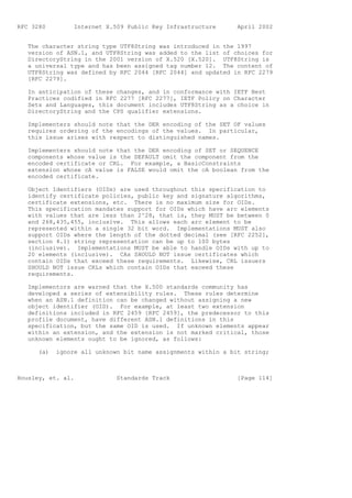 RFC 3280         Internet X.509 Public Key Infrastructure      April 2002


   The character string type UTF8String was introduced in the 1997
   version of ASN.1, and UTF8String was added to the list of choices for
   DirectoryString in the 2001 version of X.520 [X.520]. UTF8String is
   a universal type and has been assigned tag number 12. The content of
   UTF8String was defined by RFC 2044 [RFC 2044] and updated in RFC 2279
   [RFC 2279].

   In anticipation of these changes, and in conformance with IETF Best
   Practices codified in RFC 2277 [RFC 2277], IETF Policy on Character
   Sets and Languages, this document includes UTF8String as a choice in
   DirectoryString and the CPS qualifier extensions.

   Implementers should note that the DER encoding of the SET OF values
   requires ordering of the encodings of the values. In particular,
   this issue arises with respect to distinguished names.

   Implementers should note that the DER encoding of SET or SEQUENCE
   components whose value is the DEFAULT omit the component from the
   encoded certificate or CRL. For example, a BasicConstraints
   extension whose cA value is FALSE would omit the cA boolean from the
   encoded certificate.

   Object Identifiers (OIDs) are used throughout this specification to
   identify certificate policies, public key and signature algorithms,
   certificate extensions, etc. There is no maximum size for OIDs.
   This specification mandates support for OIDs which have arc elements
   with values that are less than 2^28, that is, they MUST be between 0
   and 268,435,455, inclusive. This allows each arc element to be
   represented within a single 32 bit word. Implementations MUST also
   support OIDs where the length of the dotted decimal (see [RFC 2252],
   section 4.1) string representation can be up to 100 bytes
   (inclusive). Implementations MUST be able to handle OIDs with up to
   20 elements (inclusive). CAs SHOULD NOT issue certificates which
   contain OIDs that exceed these requirements. Likewise, CRL issuers
   SHOULD NOT issue CRLs which contain OIDs that exceed these
   requirements.

   Implementors are warned that the X.500 standards community has
   developed a series of extensibility rules. These rules determine
   when an ASN.1 definition can be changed without assigning a new
   object identifier (OID). For example, at least two extension
   definitions included in RFC 2459 [RFC 2459], the predecessor to this
   profile document, have different ASN.1 definitions in this
   specification, but the same OID is used. If unknown elements appear
   within an extension, and the extension is not marked critical, those
   unknown elements ought to be ignored, as follows:

      (a)   ignore all unknown bit name assignments within a bit string;



Housley, et. al.             Standards Track                   [Page 114]
 