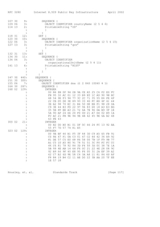 RFC 3280          Internet X.509 Public Key Infrastructure      April 2002


107 30       9:        SEQUENCE {
109 06       3:          OBJECT IDENTIFIER countryName (2 5 4 6)
114 13       2:          PrintableString ’US’
              :          }
              :        }
118   31    12:      SET {
120   30    10:        SEQUENCE {
122   06     3:          OBJECT IDENTIFIER organizationName (2 5 4 10)
127   13     3:          PrintableString ’gov’
              :          }
              :        }
132 31      13:      SET {
134 30      11:        SEQUENCE {
136 06       3:          OBJECT IDENTIFIER
              :            organizationalUnitName (2 5 4 11)
141 13       4:          PrintableString ’NIST’
              :          }
              :        }
              :      }
147   30   440:    SEQUENCE {
151   30   300:      SEQUENCE {
155   06     7:        OBJECT IDENTIFIER dsa (1 2 840 10040 4 1)
164   30   287:        SEQUENCE {
168   02   129:          INTEGER
              :            00 B6 8B 0F 94 2B 9A CE A5 25 C6 F2 ED FC
              :            FB 95 32 AC 01 12 33 B9 E0 1C AD 90 9B BC
              :            48 54 9E F3 94 77 3C 2C 71 35 55 E6 FE 4F
              :            22 CB D5 D8 3E 89 93 33 4D FC BD 4F 41 64
              :            3E A2 98 70 EC 31 B4 50 DE EB F1 98 28 0A
              :            C9 3E 44 B3 FD 22 97 96 83 D0 18 A3 E3 BD
              :            35 5B FF EE A3 21 72 6A 7B 96 DA B9 3F 1E
              :            5A 90 AF 24 D6 20 F0 0D 21 A7 D4 02 B9 1A
              :            FC AC 21 FB 9E 94 9E 4B 42 45 9E 6A B2 48
              :            63 FE 43
300 02      21:          INTEGER
              :            00 B2 0D B0 B1 01 DF 0C 66 24 FC 13 92 BA
              :            55 F7 7D 57 74 81 E5
323 02     129:          INTEGER
              :            00 9A BF 46 B1 F5 3F 44 3D C9 A5 65 FB 91
              :            C0 8E 47 F1 0A C3 01 47 C2 44 42 36 A9 92
              :            81 DE 57 C5 E0 68 86 58 00 7B 1F F9 9B 77
              :            A1 C5 10 A5 80 91 78 51 51 3C F6 FC FC CC
              :            46 C6 81 78 92 84 3D F4 93 3D 0C 38 7E 1A
              :            5B 99 4E AB 14 64 F6 0C 21 22 4E 28 08 9C
              :            92 B9 66 9F 40 E8 95 F6 D5 31 2A EF 39 A2
              :            62 C7 B2 6D 9E 58 C4 3A A8 11 81 84 6D AF
              :            F8 B4 19 B4 C2 11 AE D0 22 3B AA 20 7F EE
              :            1E 57 18



Housley, et. al.              Standards Track                   [Page 117]
 