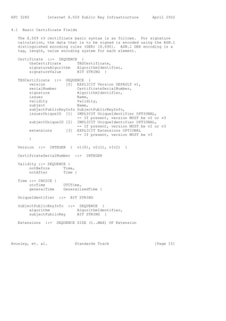 RFC 3280           Internet X.509 Public Key Infrastructure   April 2002


4.1   Basic Certificate Fields

   The X.509 v3 certificate basic syntax is as follows. For signature
   calculation, the data that is to be signed is encoded using the ASN.1
   distinguished encoding rules (DER) [X.690]. ASN.1 DER encoding is a
   tag, length, value encoding system for each element.

   Certificate ::= SEQUENCE {
        tbsCertificate     TBSCertificate,
        signatureAlgorithm AlgorithmIdentifier,
        signatureValue     BIT STRING }

   TBSCertificate ::= SEQUENCE {
        version         [0] EXPLICIT Version DEFAULT v1,
        serialNumber         CertificateSerialNumber,
        signature            AlgorithmIdentifier,
        issuer               Name,
        validity             Validity,
        subject              Name,
        subjectPublicKeyInfo SubjectPublicKeyInfo,
        issuerUniqueID [1] IMPLICIT UniqueIdentifier OPTIONAL,
                             -- If present, version MUST be v2 or v3
        subjectUniqueID [2] IMPLICIT UniqueIdentifier OPTIONAL,
                             -- If present, version MUST be v2 or v3
        extensions      [3] EXPLICIT Extensions OPTIONAL
                             -- If present, version MUST be v3
        }

   Version   ::=    INTEGER   {    v1(0), v2(1), v3(2)   }

   CertificateSerialNumber        ::=   INTEGER

   Validity ::= SEQUENCE {
        notBefore      Time,
        notAfter       Time }

   Time ::= CHOICE {
        utcTime           UTCTime,
        generalTime       GeneralizedTime }

   UniqueIdentifier     ::=   BIT STRING

   SubjectPublicKeyInfo ::= SEQUENCE {
        algorithm           AlgorithmIdentifier,
        subjectPublicKey    BIT STRING }

   Extensions   ::=    SEQUENCE SIZE (1..MAX) OF Extension




Housley, et. al.                  Standards Track              [Page 15]
 