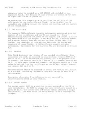 RFC 3280          Internet X.509 Public Key Infrastructure    April 2002


   signature value is encoded as a BIT STRING and included in the
   signature field. The details of this process are specified for each
   of algorithms listed in [PKIXALGS].

   By generating this signature, a CA certifies the validity of the
   information in the tbsCertificate field. In particular, the CA
   certifies the binding between the public key material and the subject
   of the certificate.

4.1.2   TBSCertificate

   The sequence TBSCertificate contains information associated with the
   subject of the certificate and the CA who issued it. Every
   TBSCertificate contains the names of the subject and issuer, a public
   key associated with the subject, a validity period, a version number,
   and a serial number; some MAY contain optional unique identifier
   fields. The remainder of this section describes the syntax and
   semantics of these fields. A TBSCertificate usually includes
   extensions. Extensions for the Internet PKI are described in Section
   4.2.

4.1.2.1    Version

   This field describes the version of the encoded certificate. When
   extensions are used, as expected in this profile, version MUST be 3
   (value is 2). If no extensions are present, but a UniqueIdentifier
   is present, the version SHOULD be 2 (value is 1); however version MAY
   be 3. If only basic fields are present, the version SHOULD be 1 (the
   value is omitted from the certificate as the default value); however
   the version MAY be 2 or 3.

   Implementations SHOULD be prepared to accept any version certificate.
   At a minimum, conforming implementations MUST recognize version 3
   certificates.

   Generation of version 2 certificates is not expected by
   implementations based on this profile.

4.1.2.2    Serial number

   The serial number MUST be a positive integer assigned by the CA to
   each certificate. It MUST be unique for each certificate issued by a
   given CA (i.e., the issuer name and serial number identify a unique
   certificate). CAs MUST force the serialNumber to be a non-negative
   integer.




Housley, et. al.              Standards Track                  [Page 17]
 