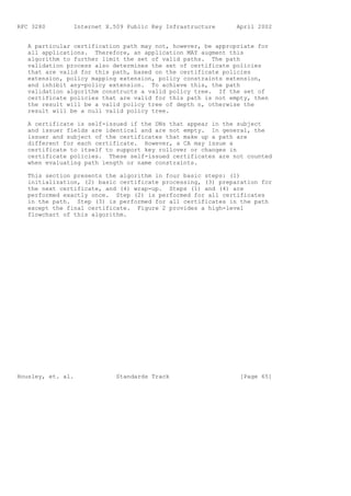 RFC 3280        Internet X.509 Public Key Infrastructure      April 2002


   A particular certification path may not, however, be appropriate for
   all applications. Therefore, an application MAY augment this
   algorithm to further limit the set of valid paths. The path
   validation process also determines the set of certificate policies
   that are valid for this path, based on the certificate policies
   extension, policy mapping extension, policy constraints extension,
   and inhibit any-policy extension. To achieve this, the path
   validation algorithm constructs a valid policy tree. If the set of
   certificate policies that are valid for this path is not empty, then
   the result will be a valid policy tree of depth n, otherwise the
   result will be a null valid policy tree.

   A certificate is self-issued if the DNs that appear in the subject
   and issuer fields are identical and are not empty. In general, the
   issuer and subject of the certificates that make up a path are
   different for each certificate. However, a CA may issue a
   certificate to itself to support key rollover or changes in
   certificate policies. These self-issued certificates are not counted
   when evaluating path length or name constraints.

   This section presents the algorithm in four basic steps: (1)
   initialization, (2) basic certificate processing, (3) preparation for
   the next certificate, and (4) wrap-up. Steps (1) and (4) are
   performed exactly once. Step (2) is performed for all certificates
   in the path. Step (3) is performed for all certificates in the path
   except the final certificate. Figure 2 provides a high-level
   flowchart of this algorithm.




Housley, et. al.            Standards Track                    [Page 65]
 