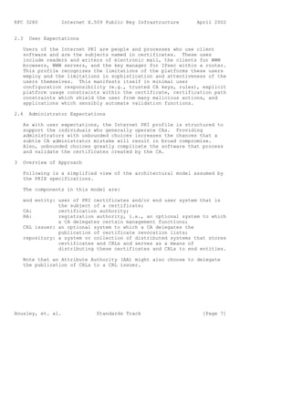 RFC 3280         Internet X.509 Public Key Infrastructure      April 2002


2.3   User Expectations

    Users of the Internet PKI are people and processes who use client
    software and are the subjects named in certificates. These uses
    include readers and writers of electronic mail, the clients for WWW
    browsers, WWW servers, and the key manager for IPsec within a router.
    This profile recognizes the limitations of the platforms these users
    employ and the limitations in sophistication and attentiveness of the
    users themselves. This manifests itself in minimal user
    configuration responsibility (e.g., trusted CA keys, rules), explicit
    platform usage constraints within the certificate, certification path
    constraints which shield the user from many malicious actions, and
    applications which sensibly automate validation functions.

2.4   Administrator Expectations

    As with user expectations, the Internet PKI profile is structured to
    support the individuals who generally operate CAs. Providing
    administrators with unbounded choices increases the chances that a
    subtle CA administrator mistake will result in broad compromise.
    Also, unbounded choices greatly complicate the software that process
    and validate the certificates created by the CA.

3   Overview of Approach

    Following is a simplified view of the architectural model assumed by
    the PKIX specifications.

    The components in this model are:

    end entity: user of PKI certificates and/or end user system that is
                the subject of a certificate;
    CA:         certification authority;
    RA:         registration authority, i.e., an optional system to which
                a CA delegates certain management functions;
    CRL issuer: an optional system to which a CA delegates the
                publication of certificate revocation lists;
    repository: a system or collection of distributed systems that stores
                certificates and CRLs and serves as a means of
                distributing these certificates and CRLs to end entities.

    Note that an Attribute Authority (AA) might also choose to delegate
    the publication of CRLs to a CRL issuer.




Housley, et. al.             Standards Track                     [Page 7]
 