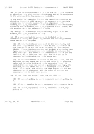 RFC 3280           Internet X.509 Public Key Infrastructure       April 2002


      (e) If the subjectPublicKeyInfo field of the certificate contains
      an algorithm field with non-null parameters, assign the parameters
      to the working_public_key_parameters variable.

      If the subjectPublicKeyInfo field of the certificate contains an
      algorithm field with null parameters or parameters are omitted,
      compare the certificate subjectPublicKey algorithm to the
      working_public_key_algorithm. If the certificate subjectPublicKey
      algorithm and the working_public_key_algorithm are different, set
      the working_public_key_parameters to null.

      (f) Assign the certificate subjectPublicKey algorithm to the
      working_public_key_algorithm variable.

      (g) If a name constraints extension is included in the
      certificate, modify the permitted_subtrees and excluded_subtrees
      state variables as follows:

           (1) If permittedSubtrees is present in the certificate, set
           the permitted_subtrees state variable to the intersection of
           its previous value and the value indicated in the extension
           field. If permittedSubtrees does not include a particular name
           type, the permitted_subtrees state variable is unchanged for
           that name type. For example, the intersection of nist.gov and
           csrc.nist.gov is csrc.nist.gov. And, the intersection of
           nist.gov and rsasecurity.com is the empty set.

           (2) If excludedSubtrees is present in the certificate, set the
           excluded_subtrees state variable to the union of its previous
           value and the value indicated in the extension field. If
           excludedSubtrees does not include a particular name type, the
           excluded_subtrees state variable is unchanged for that name
           type. For example, the union of the name spaces nist.gov and
           csrc.nist.gov is nist.gov. And, the union of nist.gov and
           rsasecurity.com is both name spaces.

      (h)    If the issuer and subject names are not identical:

           (1)   If explicit_policy is not 0, decrement explicit_policy by
           1.

           (2)   If policy_mapping is not 0, decrement policy_mapping by 1.

           (3) If inhibit_any-policy is not 0, decrement inhibit_any-
           policy by 1.




Housley, et. al.               Standards Track                     [Page 77]
 