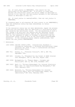 RFC 3280          Internet X.509 Public Key Infrastructure       April 2002


       (j) If (cert_status is UNREVOKED), then search for the
       certificate on the complete CRL. If an entry is found that
       matches the certificate issuer and serial number as described in
       section 5.3.4, then set the cert_status variable to the indicated
       reason as described in step (i).

       (k) If (cert_status is removeFromCRL), then set cert_status to
       UNREVOKED.

    If ((reasons_mask is all-reasons) OR (cert_status is not UNREVOKED)),
    then the revocation status has been determined, so return
    cert_status.

    If the revocation status has not been determined, repeat the process
    above with any available CRLs not specified in a distribution point
    but issued by the certificate issuer. For the processing of such a
    CRL, assume a DP with both the reasons and the cRLIssuer fields
    omitted and a distribution point name of the certificate issuer.
    That is, the sequence of names in fullName is generated from the
    certificate issuer field as well as the certificate issuerAltName
    extension. If the revocation status remains undetermined, then
    return the cert_status UNDETERMINED.

7   References

    [ISO 10646] ISO/IEC 10646-1:1993. International Standard --
                Information technology -- Universal Multiple-Octet Coded
                Character Set (UCS) -- Part 1: Architecture and Basic
                Multilingual Plane.

    [RFC 791]    Postel, J., "Internet Protocol", STD 5, RFC 791,
                 September 1981.

    [RFC 822]    Crocker, D., "Standard for the format of ARPA Internet
                 text messages", STD 11, RFC 822, August 1982.

    [RFC 1034]   Mockapetris, P., "Domain Names - Concepts and
                 Facilities", STD 13, RFC 1034, November 1987.

    [RFC 1422]   Kent, S., "Privacy Enhancement for Internet Electronic
                 Mail: Part II: Certificate-Based Key Management," RFC
                 1422, February 1993.

    [RFC 1423]   Balenson, D., "Privacy Enhancement for Internet
                 Electronic Mail: Part III: Algorithms, Modes, and
                 Identifiers," RFC 1423, February 1993.




Housley, et. al.              Standards Track                     [Page 86]
 