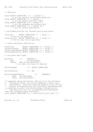RFC 3280         Internet X.509 Public Key Infrastructure            April 2002


-- PKIX arcs

id-pe OBJECT IDENTIFIER ::= { id-pkix 1 }
        -- arc for private certificate extensions
id-qt OBJECT IDENTIFIER ::= { id-pkix 2 }
        -- arc for policy qualifier types
id-kp OBJECT IDENTIFIER ::= { id-pkix 3 }
        -- arc for extended key purpose OIDS
id-ad OBJECT IDENTIFIER ::= { id-pkix 48 }
        -- arc for access descriptors

-- policyQualifierIds for Internet policy qualifiers

id-qt-cps      OBJECT IDENTIFIER ::= { id-qt 1 }
      -- OID for CPS qualifier
id-qt-unotice OBJECT IDENTIFIER ::= { id-qt 2 }
      -- OID for user notice qualifier

-- access descriptor definitions

id-ad-ocsp           OBJECT   IDENTIFIER   ::=   {   id-ad   1   }
id-ad-caIssuers      OBJECT   IDENTIFIER   ::=   {   id-ad   2   }
id-ad-timeStamping   OBJECT   IDENTIFIER   ::=   {   id-ad   3   }
id-ad-caRepository   OBJECT   IDENTIFIER   ::=   {   id-ad   5   }

-- attribute data types

Attribute        ::=    SEQUENCE {
      type              AttributeType,
      values    SET OF AttributeValue }
            -- at least one value is required

AttributeType             ::=    OBJECT IDENTIFIER

AttributeValue            ::=    ANY

AttributeTypeAndValue            ::=          SEQUENCE {
        type    AttributeType,
        value   AttributeValue }

-- suggested naming attributes: Definition of the following
--   information object set may be augmented to meet local
--   requirements. Note that deleting members of the set may
--   prevent interoperability with conforming implementations.
-- presented in pairs: the AttributeType followed by the
--   type definition for the corresponding AttributeValue
--Arc for standard naming attributes
id-at OBJECT IDENTIFIER ::= { joint-iso-ccitt(2) ds(5) 4 }



Housley, et. al.                Standards Track                       [Page 93]
 