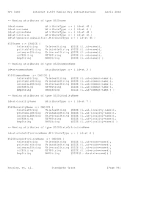 RFC 3280        Internet X.509 Public Key Infrastructure              April 2002


-- Naming attributes of type X520name

id-at-name              AttributeType ::= {     id-at 41 }
id-at-surname           AttributeType ::= {     id-at 4 }
id-at-givenName         AttributeType ::= {     id-at 42 }
id-at-initials          AttributeType ::= {     id-at 43 }
id-at-generationQualifier AttributeType ::=     { id-at 44 }

X520name ::= CHOICE {
      teletexString       TeletexString     (SIZE   (1..ub-name)),
      printableString     PrintableString   (SIZE   (1..ub-name)),
      universalString     UniversalString   (SIZE   (1..ub-name)),
      utf8String          UTF8String        (SIZE   (1..ub-name)),
      bmpString           BMPString         (SIZE   (1..ub-name)) }

-- Naming attributes of type X520CommonName

id-at-commonName          AttributeType ::= { id-at 3 }

X520CommonName ::= CHOICE {
      teletexString     TeletexString       (SIZE   (1..ub-common-name)),
      printableString   PrintableString     (SIZE   (1..ub-common-name)),
      universalString   UniversalString     (SIZE   (1..ub-common-name)),
      utf8String        UTF8String          (SIZE   (1..ub-common-name)),
      bmpString         BMPString           (SIZE   (1..ub-common-name)) }

-- Naming attributes of type X520LocalityName

id-at-localityName        AttributeType ::= { id-at 7 }

X520LocalityName ::= CHOICE {
      teletexString     TeletexString       (SIZE   (1..ub-locality-name)),
      printableString   PrintableString     (SIZE   (1..ub-locality-name)),
      universalString   UniversalString     (SIZE   (1..ub-locality-name)),
      utf8String        UTF8String          (SIZE   (1..ub-locality-name)),
      bmpString         BMPString           (SIZE   (1..ub-locality-name)) }

-- Naming attributes of type X520StateOrProvinceName

id-at-stateOrProvinceName AttributeType ::= { id-at 8 }

X520StateOrProvinceName   ::= CHOICE {
      teletexString       TeletexString     (SIZE (1..ub-state-name)),
      printableString     PrintableString   (SIZE (1..ub-state-name)),
      universalString     UniversalString   (SIZE (1..ub-state-name)),
      utf8String          UTF8String        (SIZE (1..ub-state-name)),
      bmpString           BMPString         (SIZE(1..ub-state-name)) }




Housley, et. al.              Standards Track                          [Page 94]
 