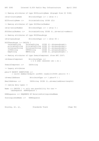 RFC 3280          Internet X.509 Public Key Infrastructure         April 2002


-- Naming attributes of type X520countryName (digraph from IS 3166)

id-at-countryName         AttributeType ::= { id-at 6 }

X520countryName ::=       PrintableString (SIZE (2))

-- Naming attributes of type X520SerialNumber

id-at-serialNumber        AttributeType ::= { id-at 5 }

X520SerialNumber ::=      PrintableString (SIZE (1..ub-serial-number))

-- Naming attributes of type X520Pseudonym

id-at-pseudonym           AttributeType ::= { id-at 65 }

X520Pseudonym ::= CHOICE {
   teletexString     TeletexString      (SIZE   (1..ub-pseudonym)),
   printableString   PrintableString    (SIZE   (1..ub-pseudonym)),
   universalString   UniversalString    (SIZE   (1..ub-pseudonym)),
   utf8String        UTF8String         (SIZE   (1..ub-pseudonym)),
   bmpString         BMPString          (SIZE   (1..ub-pseudonym)) }

-- Naming attributes of type DomainComponent (from RFC 2247)

id-domainComponent        AttributeType ::=
                            { 0 9 2342 19200300 100 1 25 }

DomainComponent ::=       IA5String

-- Legacy attributes

pkcs-9 OBJECT IDENTIFIER ::=
       { iso(1) member-body(2) us(840) rsadsi(113549) pkcs(1) 9 }

id-emailAddress            AttributeType ::= { pkcs-9 1 }

EmailAddress ::=           IA5String (SIZE (1..ub-emailaddress-length))

-- naming data types --

Name ::= CHOICE { -- only one possibility for now --
      rdnSequence RDNSequence }

RDNSequence ::= SEQUENCE OF RelativeDistinguishedName

DistinguishedName ::=     RDNSequence




Housley, et. al.              Standards Track                       [Page 96]
 