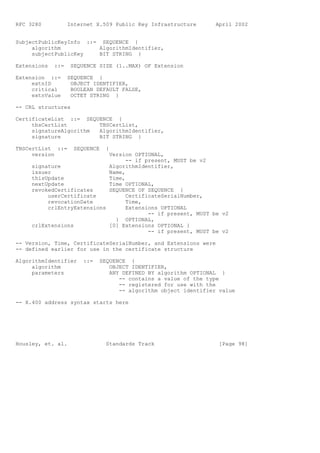 RFC 3280           Internet X.509 Public Key Infrastructure       April 2002


SubjectPublicKeyInfo ::= SEQUENCE {
     algorithm           AlgorithmIdentifier,
     subjectPublicKey    BIT STRING }

Extensions   ::=    SEQUENCE SIZE (1..MAX) OF Extension

Extension ::=      SEQUENCE {
     extnID         OBJECT IDENTIFIER,
     critical       BOOLEAN DEFAULT FALSE,
     extnValue      OCTET STRING }

-- CRL structures

CertificateList ::= SEQUENCE {
     tbsCertList        TBSCertList,
     signatureAlgorithm AlgorithmIdentifier,
     signature          BIT STRING }

TBSCertList ::=      SEQUENCE   {
     version                 Version OPTIONAL,
                                   -- if present, MUST be v2
     signature               AlgorithmIdentifier,
     issuer                  Name,
     thisUpdate              Time,
     nextUpdate              Time OPTIONAL,
     revokedCertificates     SEQUENCE OF SEQUENCE {
          userCertificate          CertificateSerialNumber,
          revocationDate           Time,
          crlEntryExtensions       Extensions OPTIONAL
                                          -- if present, MUST be v2
                               } OPTIONAL,
     crlExtensions           [0] Extensions OPTIONAL }
                                          -- if present, MUST be v2

-- Version, Time, CertificateSerialNumber, and Extensions were
-- defined earlier for use in the certificate structure

AlgorithmIdentifier     ::=   SEQUENCE {
     algorithm                   OBJECT IDENTIFIER,
     parameters                  ANY DEFINED BY algorithm OPTIONAL }
                                    -- contains a value of the type
                                    -- registered for use with the
                                    -- algorithm object identifier value

-- X.400 address syntax starts here




Housley, et. al.                Standards Track                    [Page 98]
 