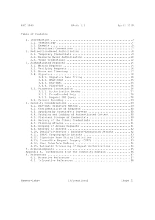 RFC 5849                        OAuth 1.0                     April 2010


Table of Contents

   1. Introduction ....................................................3
      1.1. Terminology ................................................4
      1.2. Example ....................................................5
      1.3. Notational Conventions .....................................7
   2. Redirection-Based Authorization .................................8
      2.1. Temporary Credentials ......................................9
      2.2. Resource Owner Authorization ..............................10
      2.3. Token Credentials .........................................12
   3. Authenticated Requests .........................................14
      3.1. Making Requests ...........................................14
      3.2. Verifying Requests ........................................16
      3.3. Nonce and Timestamp .......................................17
      3.4. Signature .................................................18
           3.4.1. Signature Base String ..............................18
           3.4.2. HMAC-SHA1 ..........................................25
           3.4.3. RSA-SHA1 ...........................................25
           3.4.4. PLAINTEXT ..........................................26
      3.5. Parameter Transmission ....................................26
           3.5.1. Authorization Header ...............................27
           3.5.2. Form-Encoded Body ..................................28
           3.5.3. Request URI Query ..................................28
      3.6. Percent Encoding ..........................................29
   4. Security Considerations ........................................29
      4.1. RSA-SHA1 Signature Method .................................29
      4.2. Confidentiality of Requests ...............................30
      4.3. Spoofing by Counterfeit Servers ...........................30
      4.4. Proxying and Caching of Authenticated Content .............30
      4.5. Plaintext Storage of Credentials ..........................30
      4.6. Secrecy of the Client Credentials .........................31
      4.7. Phishing Attacks ..........................................31
      4.8. Scoping of Access Requests ................................31
      4.9. Entropy of Secrets ........................................32
      4.10. Denial-of-Service / Resource-Exhaustion Attacks ..........32
      4.11. SHA-1 Cryptographic Attacks ..............................33
      4.12. Signature Base String Limitations ........................33
      4.13. Cross-Site Request Forgery (CSRF) ........................33
      4.14. User Interface Redress ...................................34
      4.15. Automatic Processing of Repeat Authorizations ............34
   5. Acknowledgments ................................................35
   Appendix A. Differences from the Community Edition ...............36
   6. References .....................................................37
      6.1. Normative References ......................................37
      6.2. Informative References ....................................38




Hammer-Lahav                  Informational                     [Page 2]
 