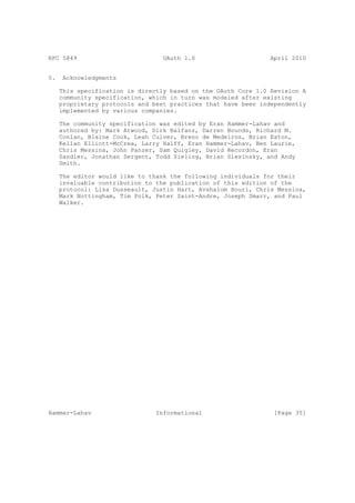 RFC 5849                          OAuth 1.0                     April 2010


5.    Acknowledgments

     This specification is directly based on the OAuth Core 1.0 Revision A
     community specification, which in turn was modeled after existing
     proprietary protocols and best practices that have been independently
     implemented by various companies.

     The community specification was edited by Eran Hammer-Lahav and
     authored by: Mark Atwood, Dirk Balfanz, Darren Bounds, Richard M.
     Conlan, Blaine Cook, Leah Culver, Breno de Medeiros, Brian Eaton,
     Kellan Elliott-McCrea, Larry Halff, Eran Hammer-Lahav, Ben Laurie,
     Chris Messina, John Panzer, Sam Quigley, David Recordon, Eran
     Sandler, Jonathan Sergent, Todd Sieling, Brian Slesinsky, and Andy
     Smith.

     The editor would like to thank the following individuals for their
     invaluable contribution to the publication of this edition of the
     protocol: Lisa Dusseault, Justin Hart, Avshalom Houri, Chris Messina,
     Mark Nottingham, Tim Polk, Peter Saint-Andre, Joseph Smarr, and Paul
     Walker.




Hammer-Lahav                    Informational                    [Page 35]
 