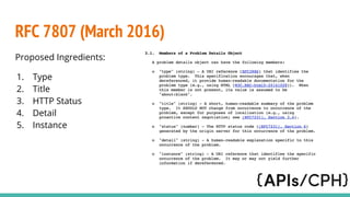 RFC 7807 (March 2016)
Proposed Ingredients:
1. Type
2. Title
3. HTTP Status
4. Detail
5. Instance
 
