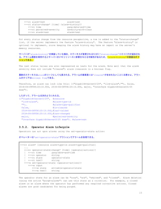 +--ro alarm-text alarm-text
+--ro status-change* [time] {alarm-history}?
+--ro time yang:date-and-time
+--ro perceived-severity severity-with-clear
+--ro alarm-text alarm-text
For every status change from the resource perspective, a row is added to the "status-change"
list, if the server implements the feature "alarm-history". The feature "alarm-history" is
optional to implement, since keeping the alarm history may have an impact on the server's
memory resources.
サーバーが”alarm-history”を実装している場合、ステータスが変更されるたびに”status-change”リストに行が追加され
る。アラーム履歴を保持するとサーバーのメモリリソースに影響を与える可能性があるため、​”alarm-history”の実装はオプ
ションである。
The last status values are also represented as leafs for the alarm. Note well that the alarm
severity does not include "cleared"; alarm clearance is a boolean flag.
最新のステータスはalarmのリーフとしても表される。アラームの重要度には”cleared”が含まれないことに注意せよ。アラー
ムのクリアはboolean flagである。
Therefore, an alarm can look like this: (("GigabitEthernet0/25", "link-alarm",""), false,
2018-04-08T08:20:10.00Z, 2018-04-08T08:20:10.00Z, major, "Interface GigabitEthernet0/25
down").
したがって、アラームは次のようにみえる。
(("GigabitEthernet0/25", #resource
"link-alarm", #alarm-type-id
""), #alarm-type-qualifier
false, #is-cleared
2018-04-08T08:20:10.00Z,#last-raised
2018-04-08T08:20:10.00Z,#last-changed
major, #perceived-severity
"Interface GigabitEthernet0/25 down"). #alarm-text
3.5.2. Operator Alarm Lifecycle
Operators can act upon alarms using the set-operator-state action:
オペレーターは”set-operator-state”アクションでアラームを処理できる。
+--ro alarm* [resource alarm-type-id alarm-type-qualifier]
...
+--ro operator-state-change* [time] {operator-actions}?
| +--ro time yang:date-and-time
| +--ro operator string
| +--ro state operator-state
| +--ro text? string
+---x set-operator-state {operator-actions}?
+---w input
+---w state writable-operator-state
+---w text? string
The operator state for an alarm can be "none", "ack", "shelved", and "closed". Alarm deletion
(using the action "purge-alarms") can use this state as a criterion. For example, a closed
alarm is an alarm where the operator has performed any required corrective actions. Closed
alarms are good candidates for being purged.
13
 